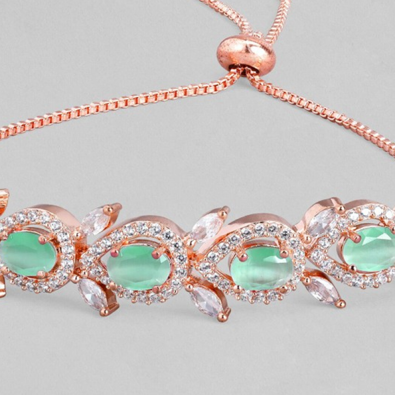 Women Rose Gold-Plated Sea Green Diamond Studded Bracelet